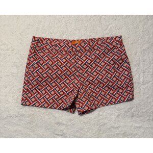 Joe Fresh Wm's Red Orange Geometric Print Shorts Sz 10, 98% Cotton 2% Spandex